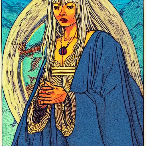 Image similar to “ a print of the high priestess tarot card, in the style of jean giraud, highly detailed ”