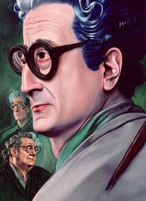 Prompt: side profile centered painted portrait, of harold ramis as egon spangler, lord of the rings, tolkien, matte painting concept art, baroque, beautifully backlit, swirly vibrant color lines, fantastically gaudy, aesthetic octane render, 8 k hd resolution, by caravaggio and diego velazquez