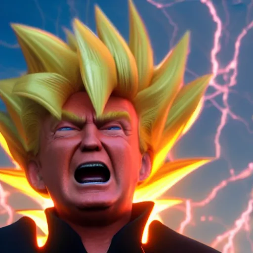 Image similar to ultra - realistic, 3 d render of donald trump going super - saiyan