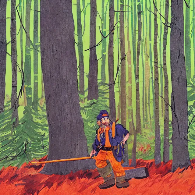 Prompt: the lumberjack of lumberville, tree woods. this gouache painting by the award - winning mangaka has beautiful color contrasts.