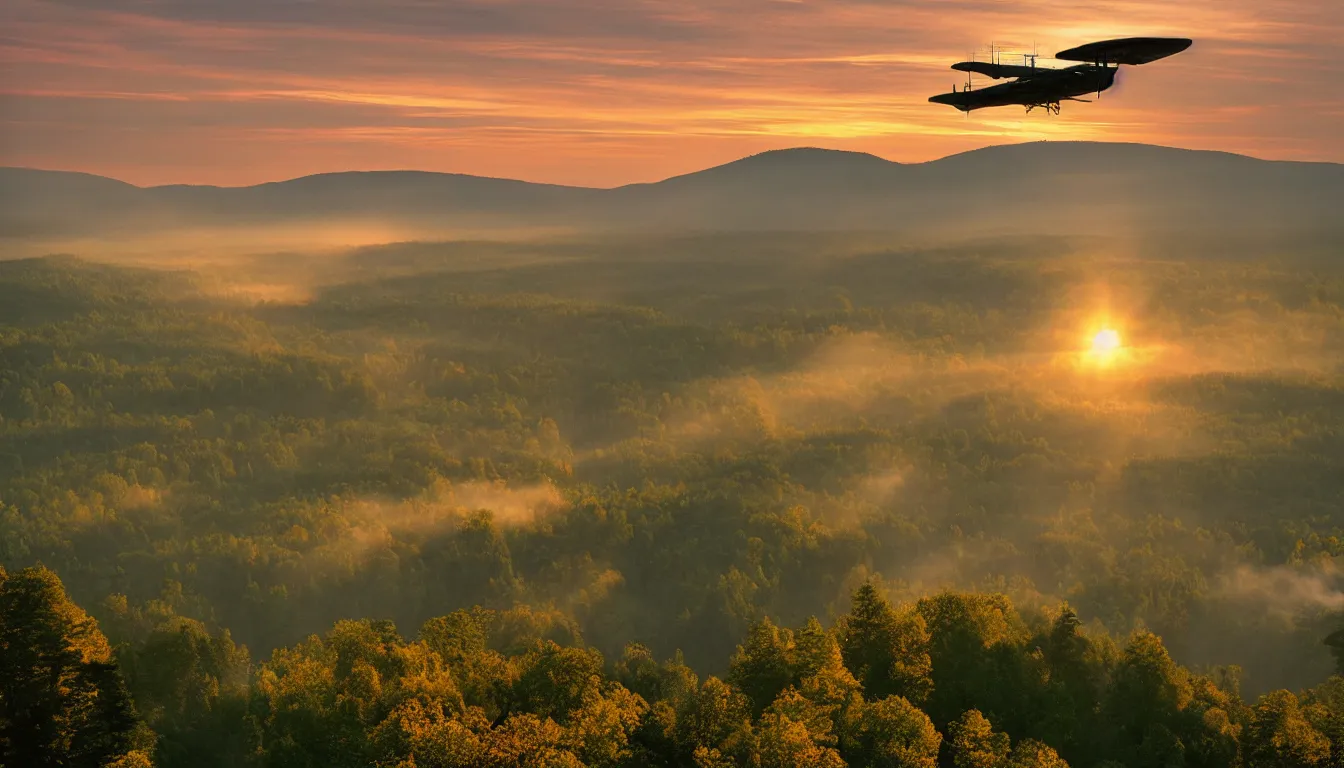 Image similar to a steam powered flying boat flies above a river valley at sunset, photograph with lighting by frederic edwin church, golden hour, nature, 2 4 mm lens, fujifilm, fuji velvia, flickr, 5 0 0 px, award winning photograph, highly detailed, beautiful capture, rule of thirds, crepuscular rays, steam punk