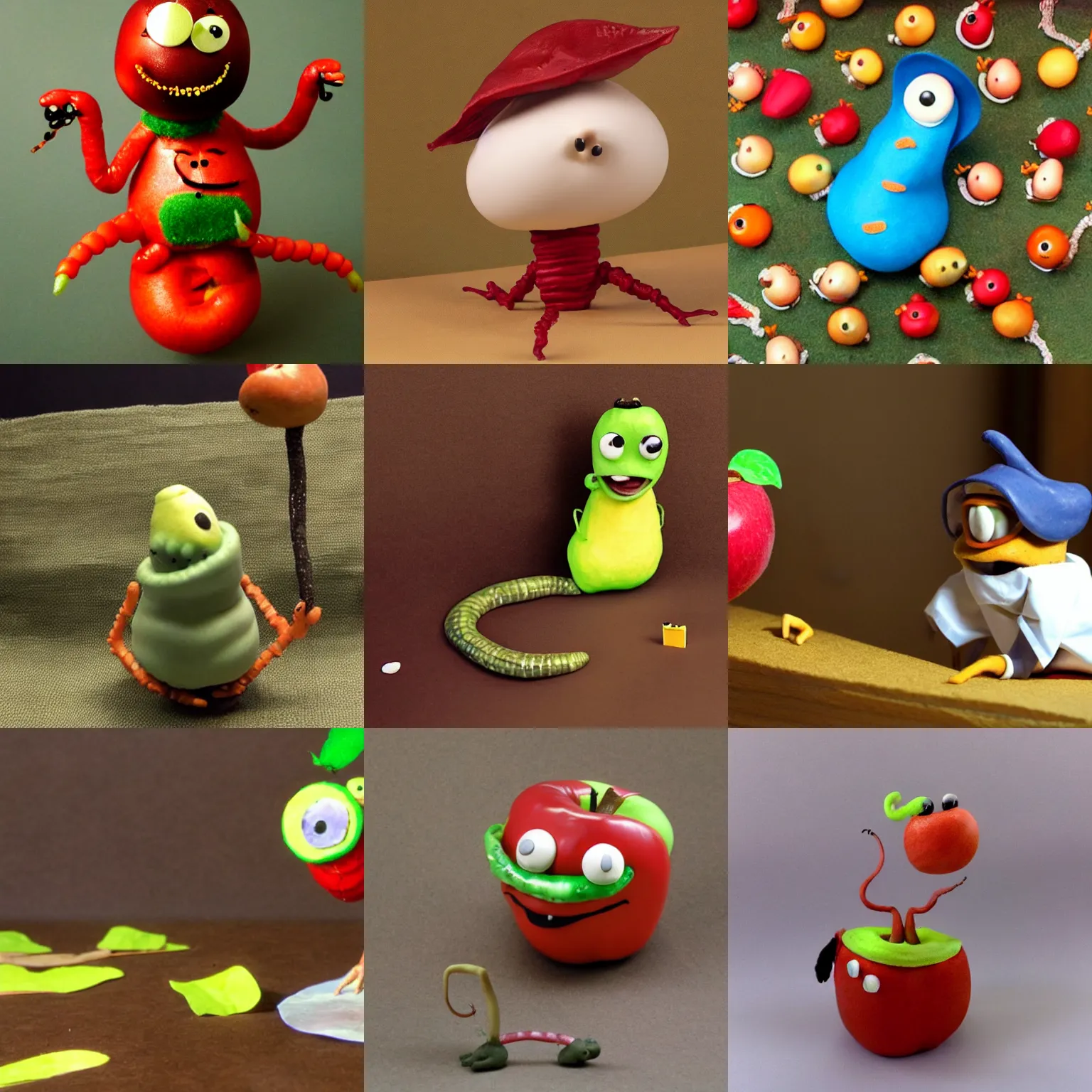 Prompt: wormy mcsquirmy the academic worm scholar who lives in an apple in the style of stop motion claymation