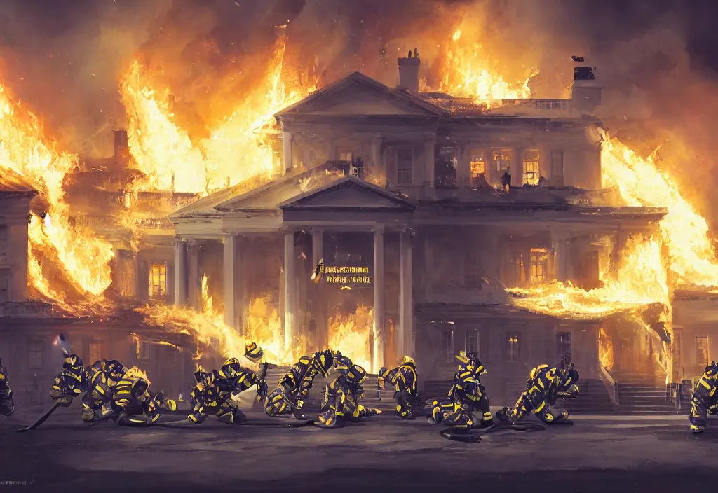 Image similar to one heroic firefighters with black and yellow uniforms in action inside white house, interior background, fire flames, sharp details, sharp focus, photorealistic, octane, hyper detailed, trending on deviantart, illustration, by jordan grimmer and greg rutkowski and pine ( ハイネ ), intricate