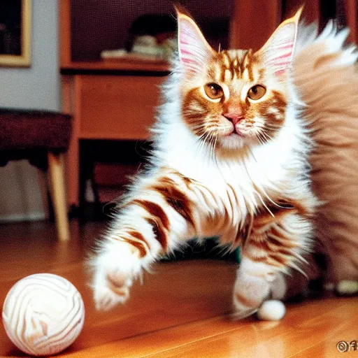 Prompt: cream color maine coon cat chasing a cat-toy-ball in a sunlit bedroom, hardwood floors with a colorful tattered old throw rug, bay window sofa in the background, fun, energetic, amusing, cute, funny, by Jeff Easley