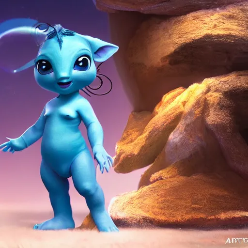 Image similar to full body pose, hyperrealistic photograph of a cute baby navi from avatar, dim volumetric lighting, 8 k, octane beautifully detailed render, extremely hyper detailed, intricate, epic composition, cinematic lighting, masterpiece, trending on artstation, very very detailed, stunning, hdr, smooth, sharp focus, high resolution, award, winning photo, dslr, 5 0 mm