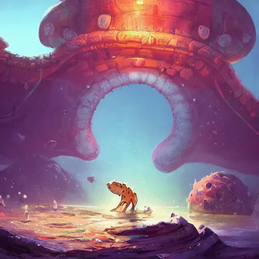 Image similar to Astronauts and some mythical animals are under the sea, they are swimming away from the giant kraken, the kraken is behind chasing them, this is an extravagant planet with wacky wildlife, the background is full of ancient ruins, by Jordan Grimmer digital art, trending on Artstation,