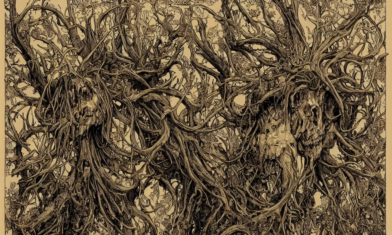 Image similar to hyperdetailed art nouveau portrait of treebeard as a cthulhu eyeball moose skull wendigo cryptid monster, by geof darrow, simon bisley and bill sienkiewicz, grim yet sparkling atmosphere, photorealism, claws, skeleton, antlers, fangs, forest, wild, crazy, horror, lynn varley, lovern kindzierski, steve oliff