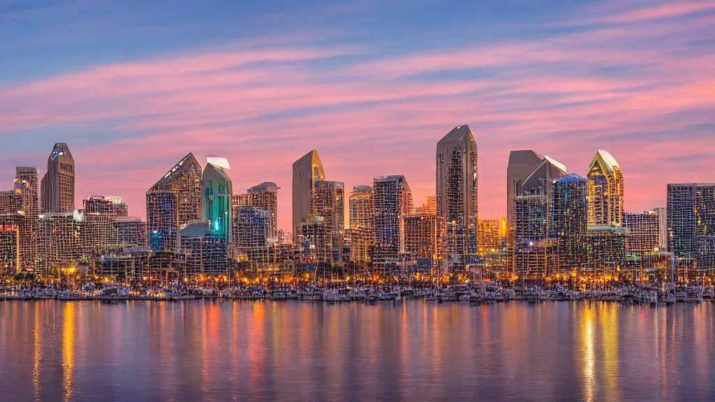 Image similar to a beautiful photo of downtown San Diego at sunset, 8k, award-winning photography