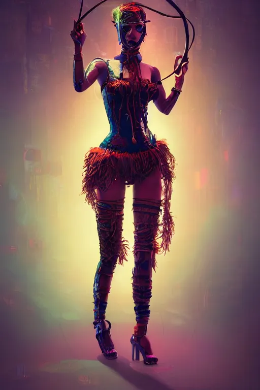 Image similar to An epic fantasy comic book style full body portrait painting of a very beautiful cyberpunk Hula Dancer, character design by Mark Ryden and Pixar and Hayao Miyazaki, unreal 5, DAZ, hyperrealistic, octane render, cosplay, RPG portrait, dynamic lighting, intricate detail, cinematic