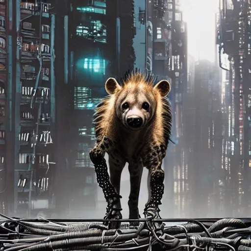 Prompt: cyborg hyena, beksinki style, many wires and exposed metal shown, huge cyberpunk city in background