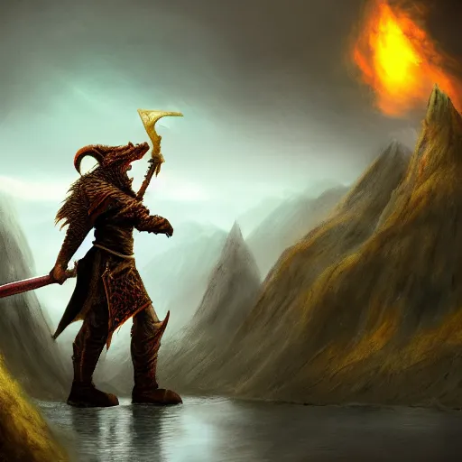Image similar to dragonborn holding a sword, fantasy, landscape, dnd