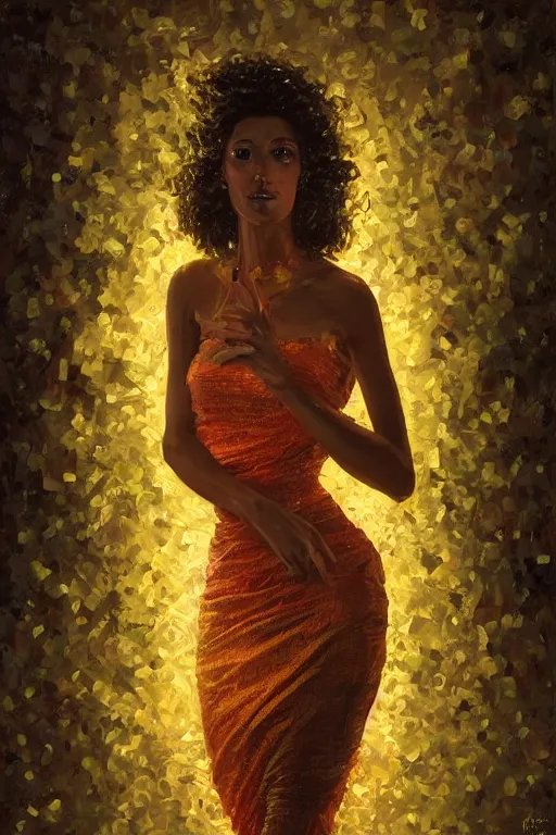 Image similar to portrait of cuban woman with skirt made out of bananas, dancing, intricate, elegant, glowing lights, highly detailed, digital painting, artstation, sharp focus, illustration, art by wlop, mars ravelo and greg rutkowski