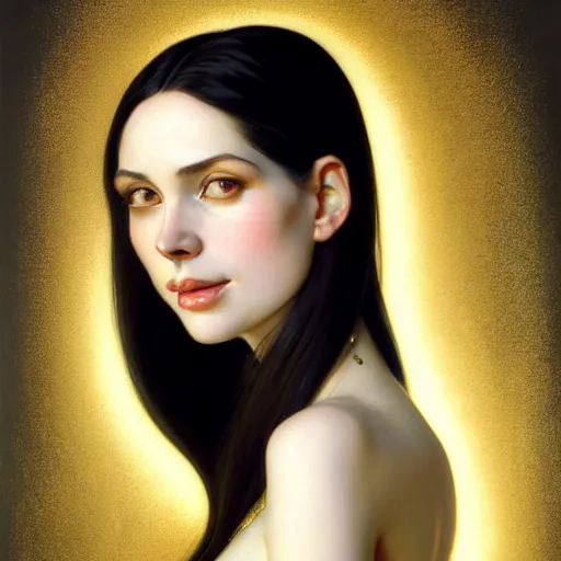 Image similar to portrait of a smiling, beautiful, pale skin eastern european female with long black hair, dark brown eyes, elegant clothing, photorealistic, highly detailed, artstation, smooth, sharp focus, gold ornaments, neon lighting, sci - fi, art by gustav klimt, artgerm, greg rutkowski and alphonse mucha