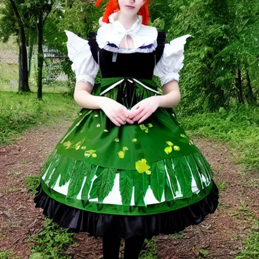 Image similar to A solarpunk-themed lolita outfit ; the fabric has pictures of windmills, solar panels and tall eco-friendly green buildings covered in leaves. A beautiful lolita dress, themed for a lush green eco-friendly utopian future city. Angelic Pretty