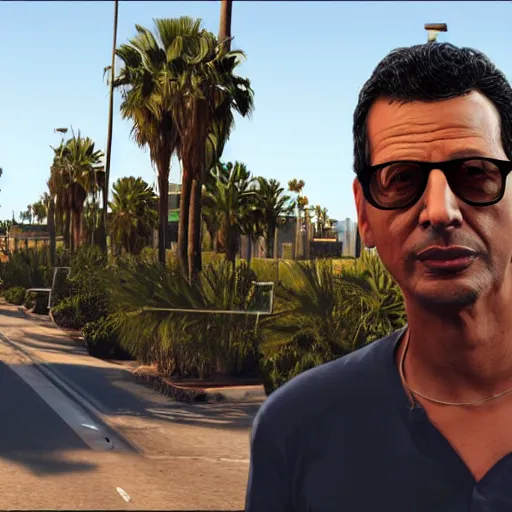 Image similar to Jeff Goldblum in GTA v. Los Santos in the background, palm trees. In the art style of Stephen Bliss