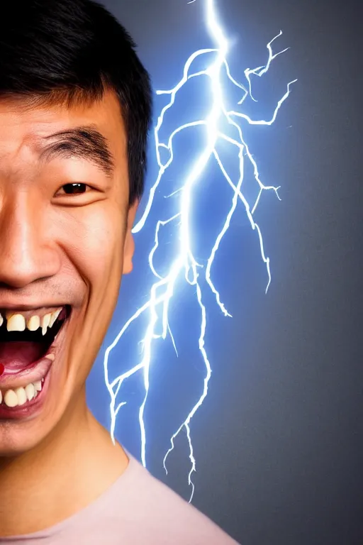 Image similar to portrait of asian hacker grinning with gold teeth and a lightning bolt face tattoo