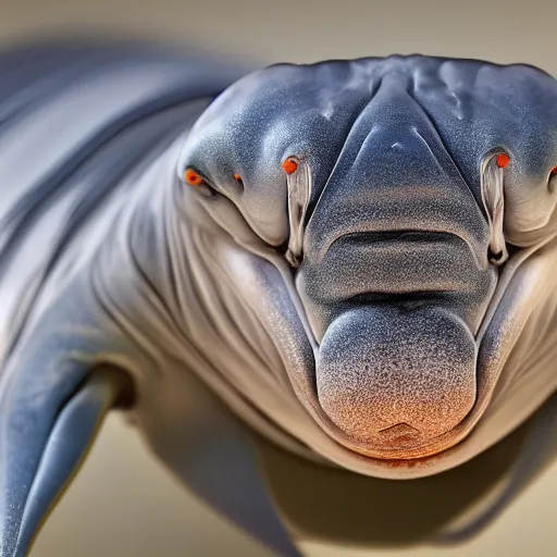 Prompt: a high resolution photo of a head, grown together various animal eyes, amphibia hairless veins wrinkles morphing nature documentary, cracked plastic wrap, dolphin gills morph scales merged in fur skin, wrinkled muscles skin, veins merged feet head, displacement, distorted animal head face eyes arms tail