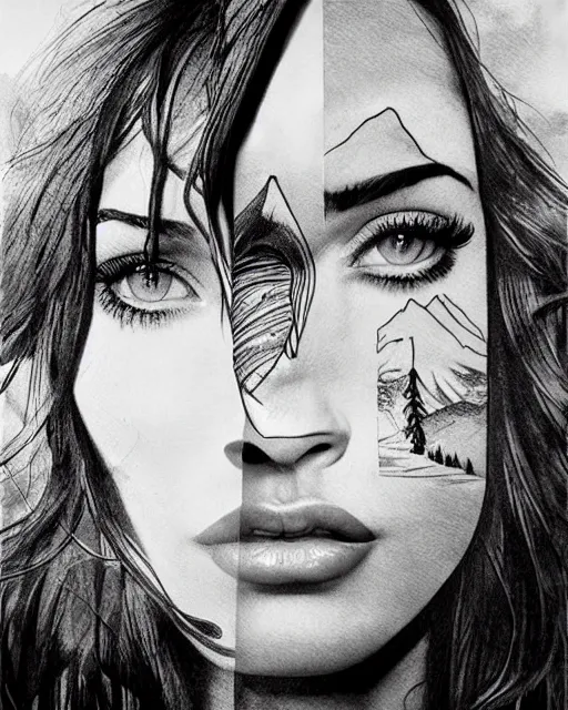 Image similar to megan fox face mash up with beautiful mountains, in the style of dan mountford, tattoo sketch, double exposure, hyper realistic, amazing detail, black and white