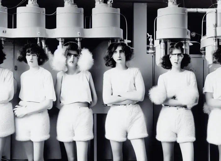 Prompt: realistic documentary photo of a a group of students wearing white fluffy feather shorts, very long cylinder heads, standing in a science laboratory 1 9 9 0, life magazine reportage photo, neutral colors, neutral lighting