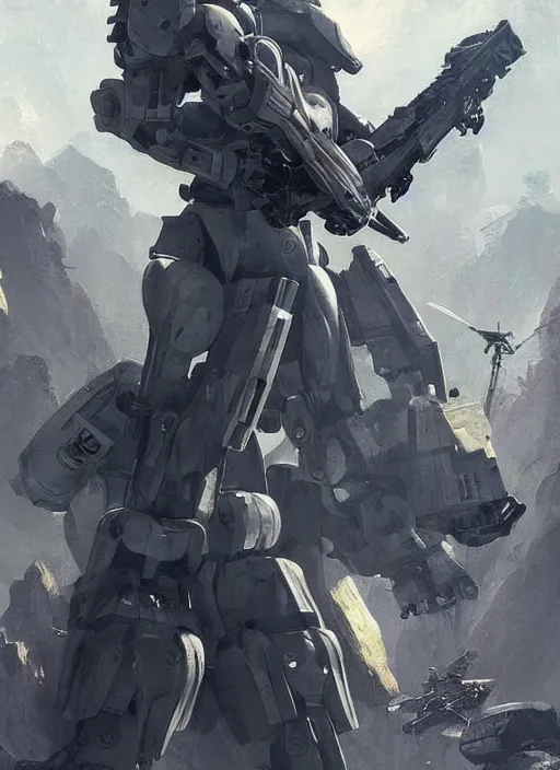 Image similar to full body shot of a mech soldier holstering his rifle, Art Station, cinematic, concept art, 8k, Pinterest, cgsociety, hyper detailed, ultra realistic, illustration, epic, high resolution, post processing, high quality, sci fi, robot, sharp, 4k UHD, realistic, intricate, menacing, masterpiece, Deviant Art, Trending on Artstation, Unreal Engine 4k, octane render, 3D, art by Yi Yang artstation + StTheo + Alan Van Ryzin,