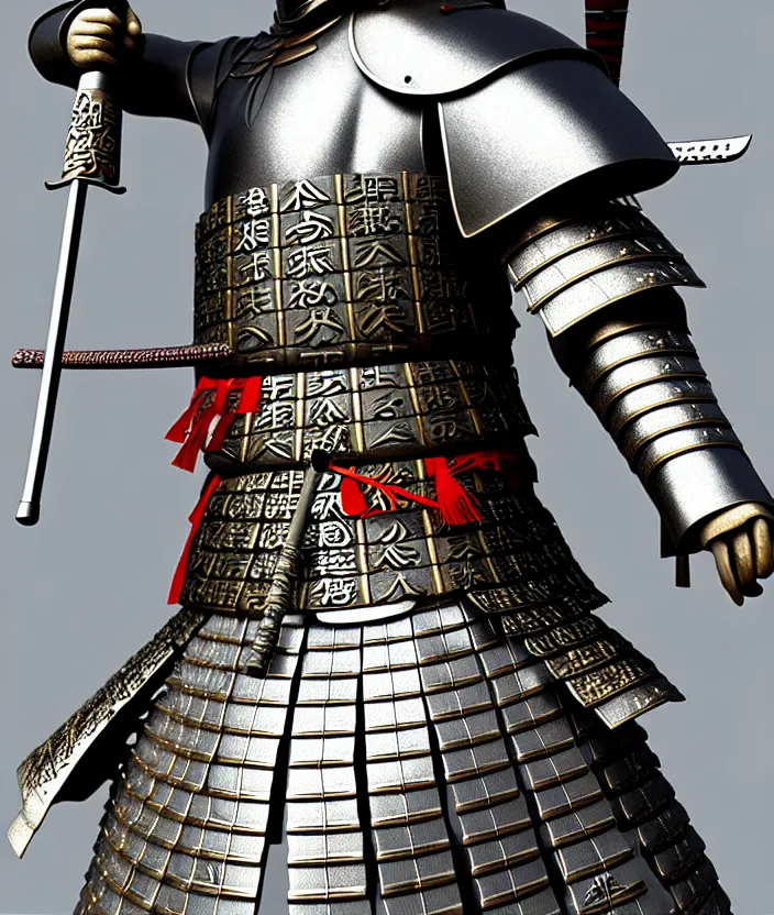 Image similar to detailed photorealistic ancient japanese samurai warrior soldier with traditional japanese engravings and ornamentation on armour and weapons, and shining metallic 3 d surfaces, japanese calligraphy, wide angle, 3 d
