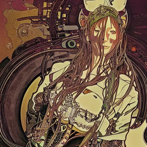 Image similar to alphonse mucha yoji shinkawa moebius jean girard shintaro kago junji ito esoteric hypnogogic ethereal ethereality dreamy combat mech dieselpunk incredible intricate machinery illusionary art and trash polka