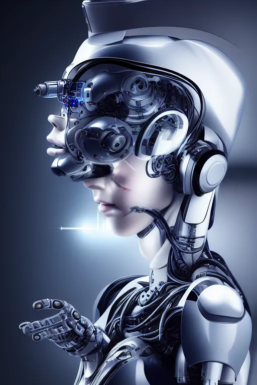 Image similar to cybernetic high tech female with cat on her head, sci - fi, cyberpunk, futurism, exoskeleton, robot, strong artificial intelligence, symmetry, cinematic, elegant, luxury, professional studio light, perfect composition, dlsr photography, sharp focus, 8 k, ultra hd, sense of awe, highly detailed, hyper realistic, intricate, science journal cover