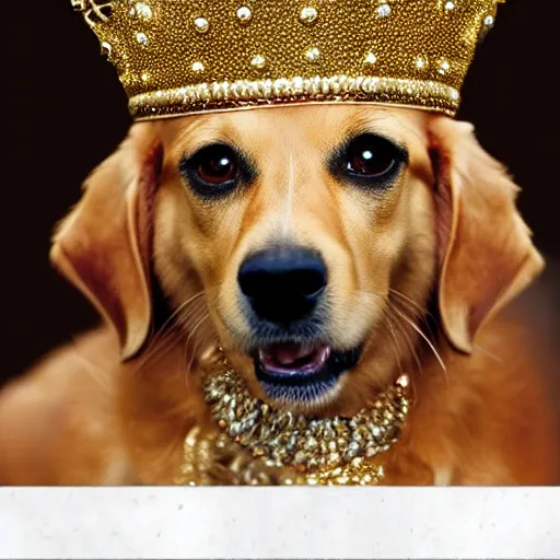 Image similar to A very realistic photograph of a dog wearing a golden crown with gems.