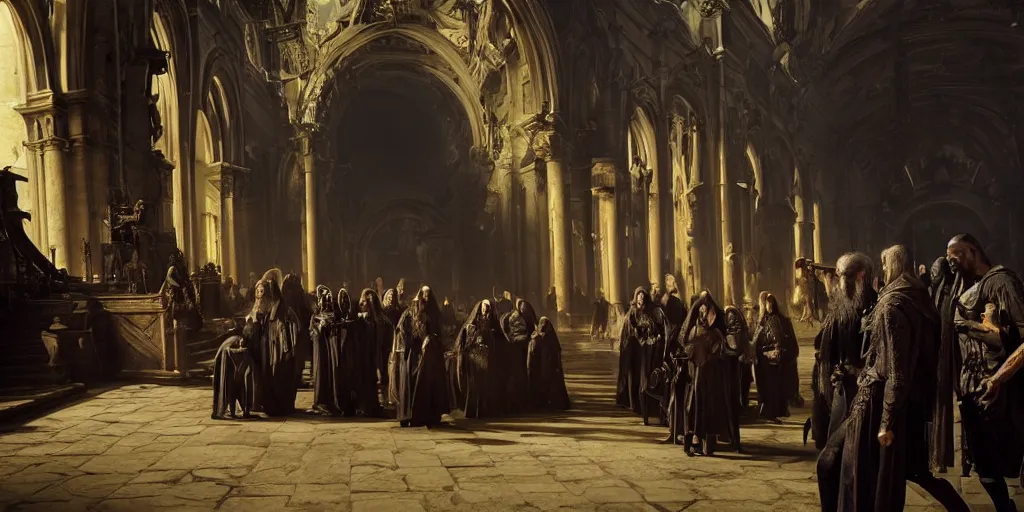 Image similar to beautiful oil matte painting, black plague infected people meeting the grim reaper inside a baroque cathedral, wonderful masterpiece highly detailed, beautiful cinematic light deep focus, elegant, digital painting, smooth, sharp focus, golden ratio, dramatic illumination, ultra realistic, 8 k, art by salvator rosa