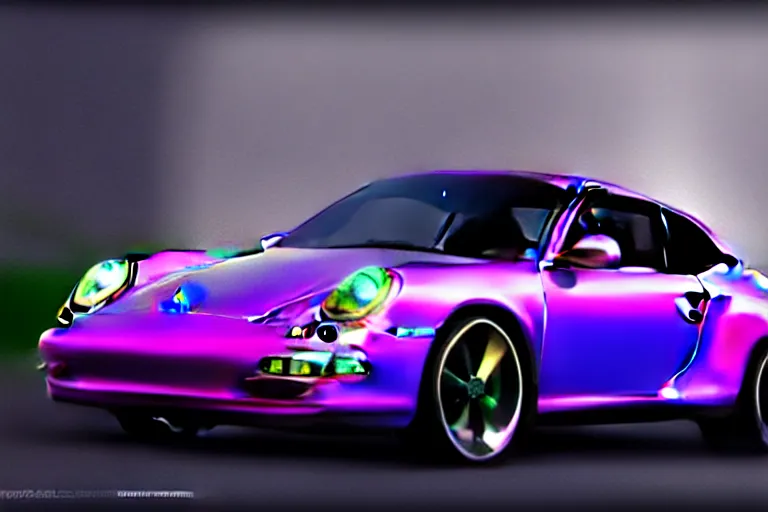 Image similar to iridescent Porsche 911, by Thomas Kincade, Richard Sigamani, 8k photorealistic, HD, high details, concept art, trending on artstation