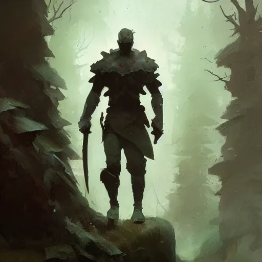 Prompt: a warrior returning from battle, destroyed forest, digital art, expressive oil painting, sadness, by Jordan Grimmer, by Annie Leibowitz, by Mike Mignola, matte art