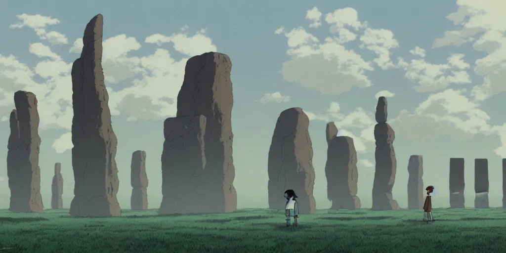 Prompt: a realistic cell - shaded studio ghibli concept art from paprika ( 2 0 0 6 ) of shouxing from close encounters of the third kind ( 1 9 7 7 ) in a flooded monument valley stonehenge. very dull colors, wide shot, hd, 4 k, hq