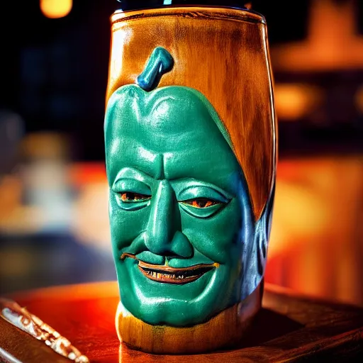 Image similar to a closeup photorealistic photograph of smiling salvador dali at trader vic's bar sitting next to a trader vic's style tiki mug featuring the face of salvador dali. tiki culture. bright scene. 4 k hd image that's trending on artstation, featured on behance, well rendered, extra crisp, features epic composition and the style of unreal engine.