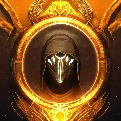 Prompt: award - winning. trending on artstation. surreal. cinematic. a person wearing hooded ornate yellow robes and a spooky steel mask staring while a black hole floats behind them. dark background.