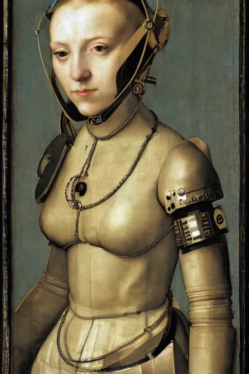 Image similar to a close - up portrait of a cyberpunk cyborg girl, by hans holbein the younger, rule of thirds