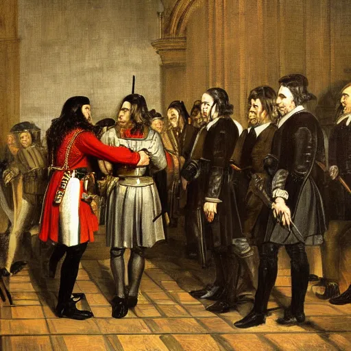 Image similar to Oliver Cromwell being arrested in Parliament by King Charles I painting 4K details