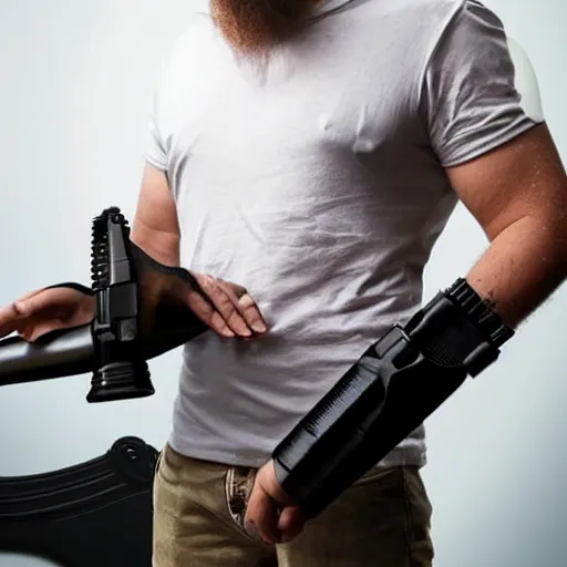 Image similar to man with a shotgun as a prosthetic arm