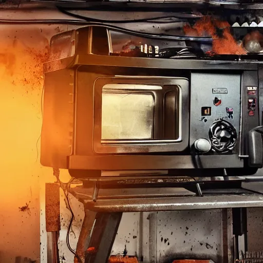 Image similar to cyborg toaster oven repairman, dark messy smoke - filled cluttered workshop, dark, dramatic lighting, orange tint, sparks, plasma rays, cinematic, highly detailed, sci - fi, futuristic, movie still