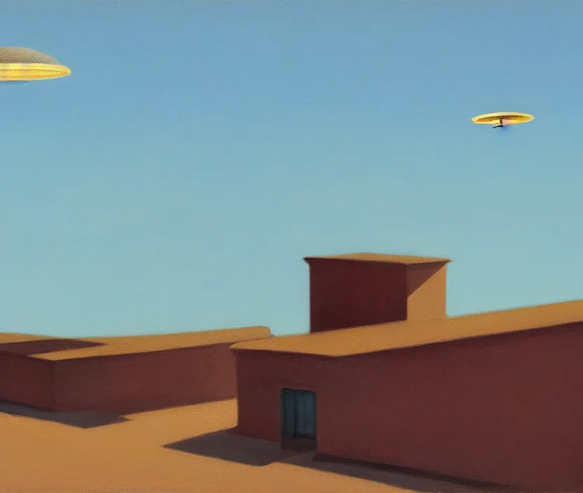 Image similar to a very detailed painting of a ufo, baby blue sky, in the style of edward hopper and hugo pondz, very fine brushstrokes, 4 k,