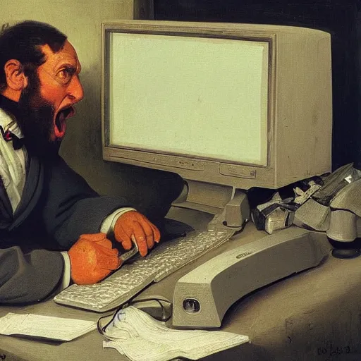 Image similar to an angry man yells at his computer monitor, oil on canvas, 1 8 8 3, highly detailed