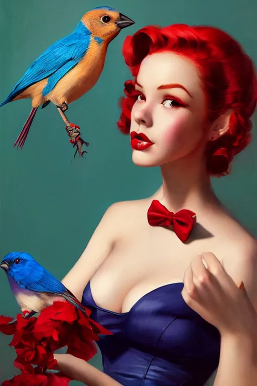 Image similar to hyper realistic painting, tasteful pinup girl, fashionable red hair, holding an indigo bunting, bird, the bird is wearing a bowtie, by greg rutkowski, rossdraws, gil elvgren, enoch bolles, anime, porcelain skin, very coherent