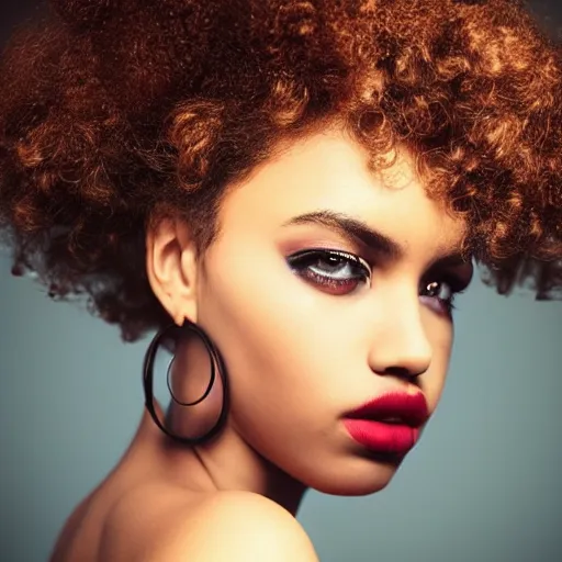 Prompt: gorgeous sultry model with a curly afro, cinematic pose, intricate hair details, jewellery, big hooped earrings, long nails, off the shoulder shirt, soulful, pouty lips, real life details, soft shadows, sharp focus, volumetric lights, rim light, character details, 3 d, award winning, model, beautiful, gorgeous