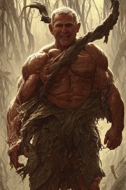 Image similar to portrait of george w bush as a hulking herculean demon, forest, godlike, full body, fantasy, intricate, elegant, highly detailed, digital painting, artstation, concept art, sharp focus, illustration, art by artgerm and greg rutkowski and alphonse mucha