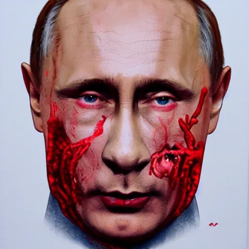 Image similar to vladimir putin became bloody ugly worm abomination, photo - realistic, color image, 2 k, highly detailed, bodyhorror, occult art