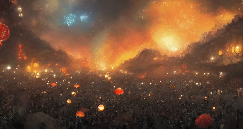 Image similar to craig mullins and ghibli digital art of zhongyuan festival in china ， lanterns ， unreal hell door with fire in the sky, black night sky, stars, below is the crowd, rivers, villages ， unreal engine, hyper realism, realistic shading, cinematic composition, realistic render, octane render, detailed textures, photorealistic, wide shot