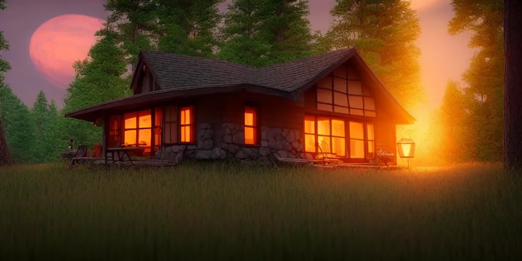 Image similar to a cozy little house in the woods, relaxing, 3 d concept art by scott zenteno, chill, relaxing, peaceful, sunset, extremely detailed art, unreal engine 5, hyper realism