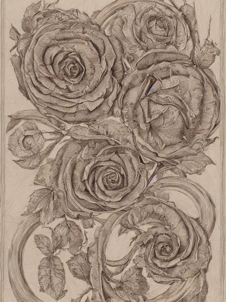 Prompt: beautiful decorative ornament fibonacci rhythms, classical ornament, roses, rose petals, leaves, stems, highly detailed etching, rendered in octane