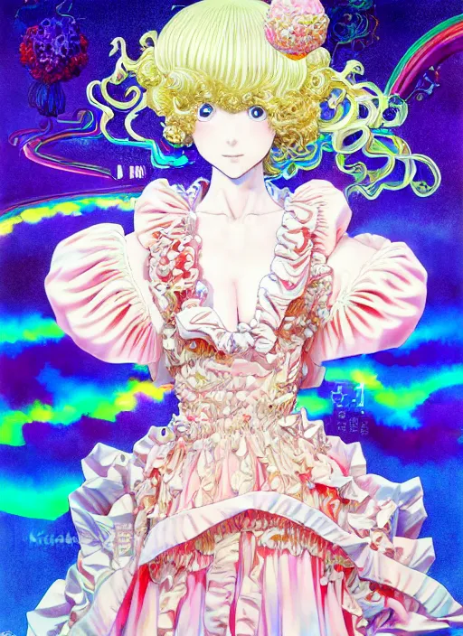 Image similar to manga of beautiful girl, robot, curls hair, rococo ruffles dress, rosette, pastel rainbow, pearlescent, shimmering, prismatic, reflective, rim light, detailed background, by katsuhiro otomo, takeshi obata, takato yamamoto, illustration, artstation, concept art, highly detailed, colorful, maximalist