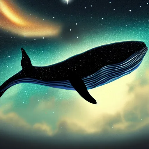 Image similar to portrait of whale swimming on a night sky, swimming across the universe, oniric, dreamy, beautiful, highly detailed, cinematic, trending on artstation