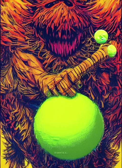 Prompt: tennis ball monsters playing tennis, a tennis ball monster ,tennis ball, epic, digital art, fantasy, magic, trending on artstation, ultra detailed, professional illustration,chalk, poster artwork by Basil Gogos , clean